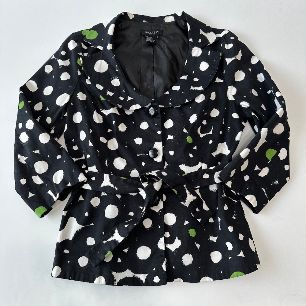 Sandro Sportswear Blazer Women’s Size Small Black and White Polka Dots with Belt